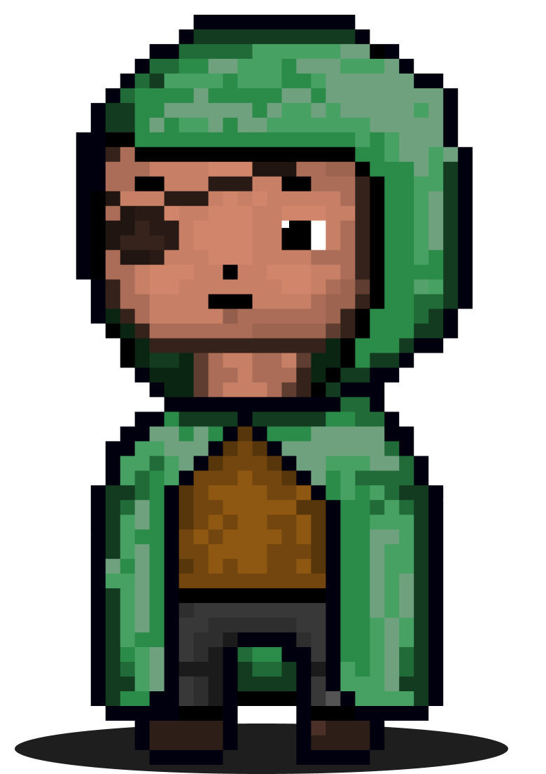 Pixelated, 90s game-style character, robin hood styled, explaining about validatorinfo.com