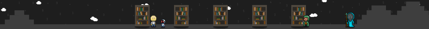 Pixelated, 90s game-style characters next to five bookcases